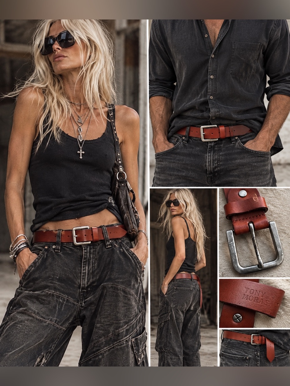 Tony Mora Genuine Leather Brown Belt Silver Tone Buckle Western Unisex